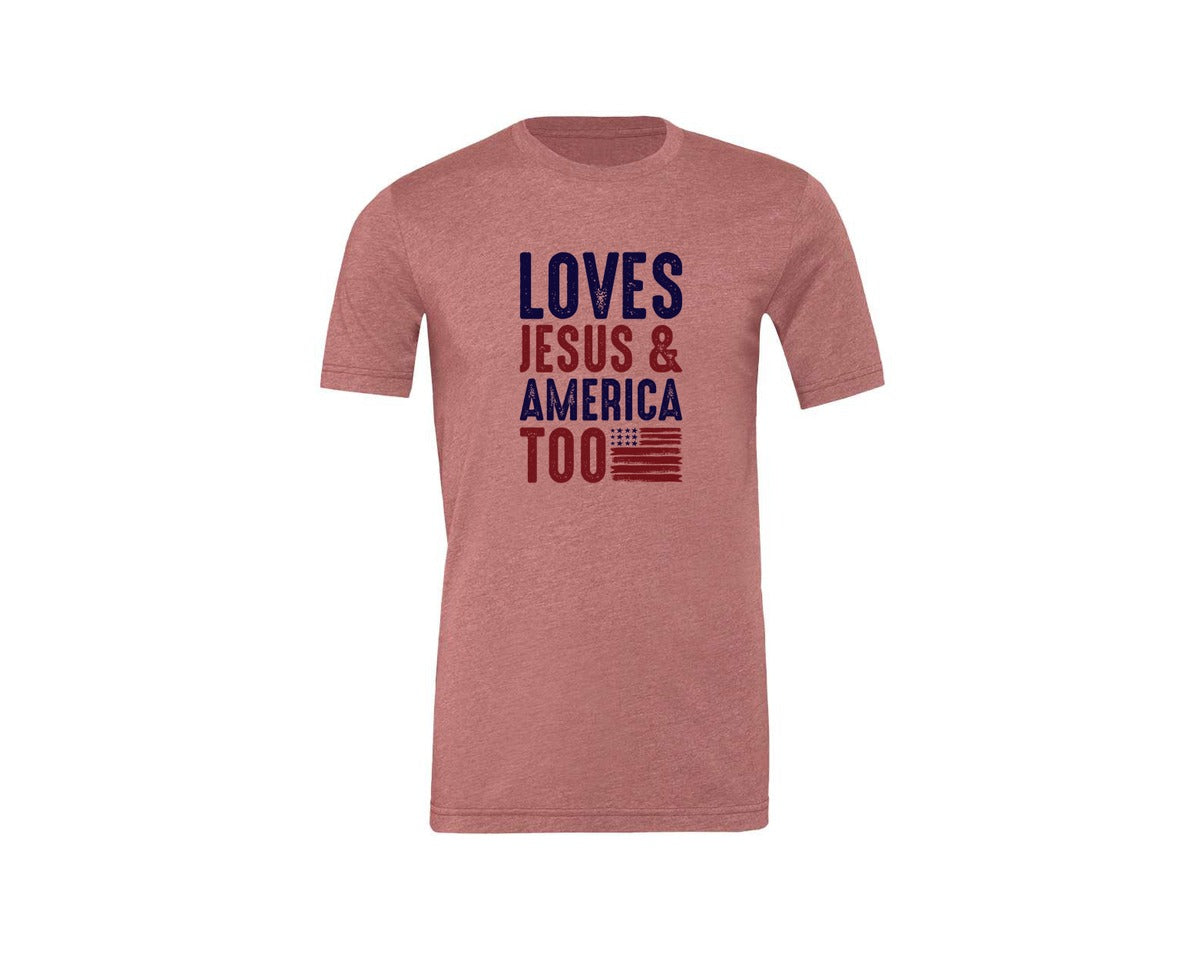 brand:Generic|color:Heather Mauve|Loves Jesus And America Too Jesus Graphic T-Shirt