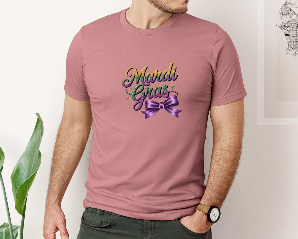 brand:Bella Canvas|color:Heather Mauve|Mardi Gras Bow Typography Design Graphic T-Shirt