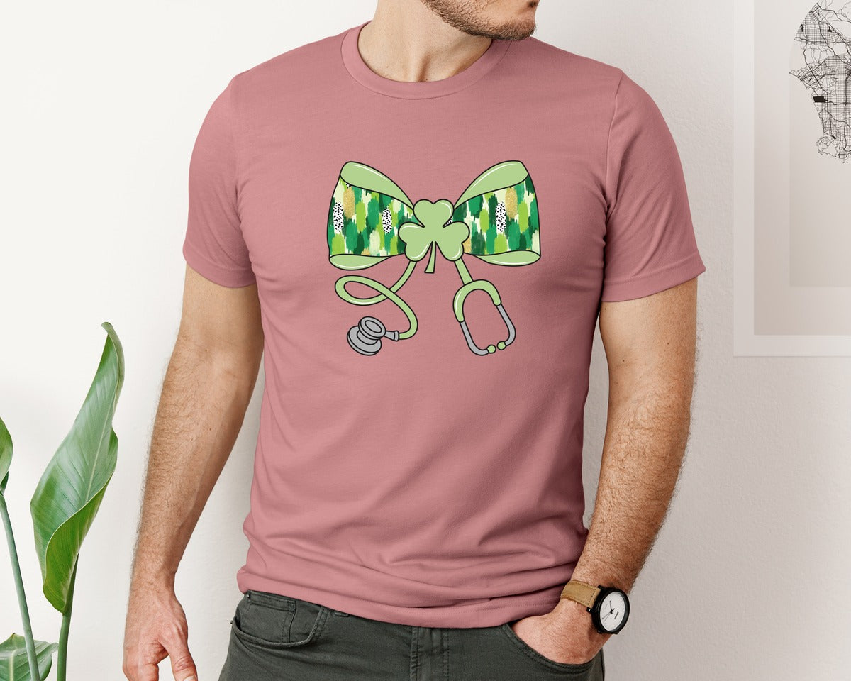brand:Bella Canvas|color:Heather Mauve|St Patricks Day Nurse Bow 5 Graphic T-Shirt