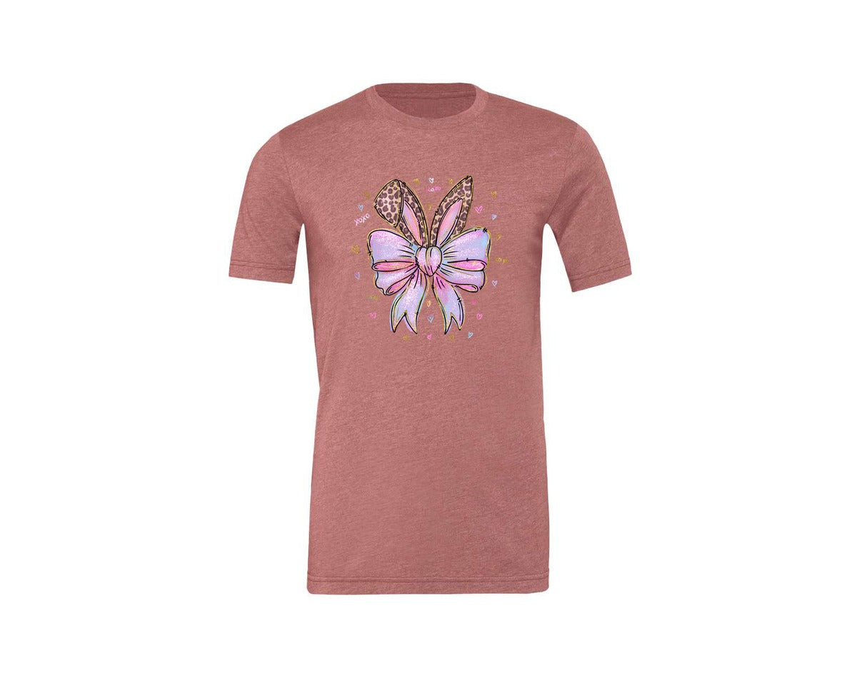 brand:Generic|color:Heather Mauve|Leopard Bunny Ears Pink Blue Bow Graphic T-Shirt