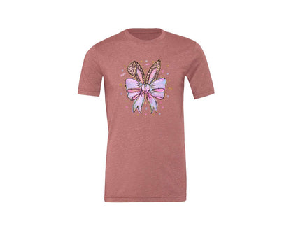 brand:Generic|color:Heather Mauve|Leopard Bunny Ears Pink Blue Bow Graphic T-Shirt