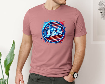 brand:Bella Canvas|color:Heather Mauve|Neon Usa America Patriotic Graphic T-Shirt