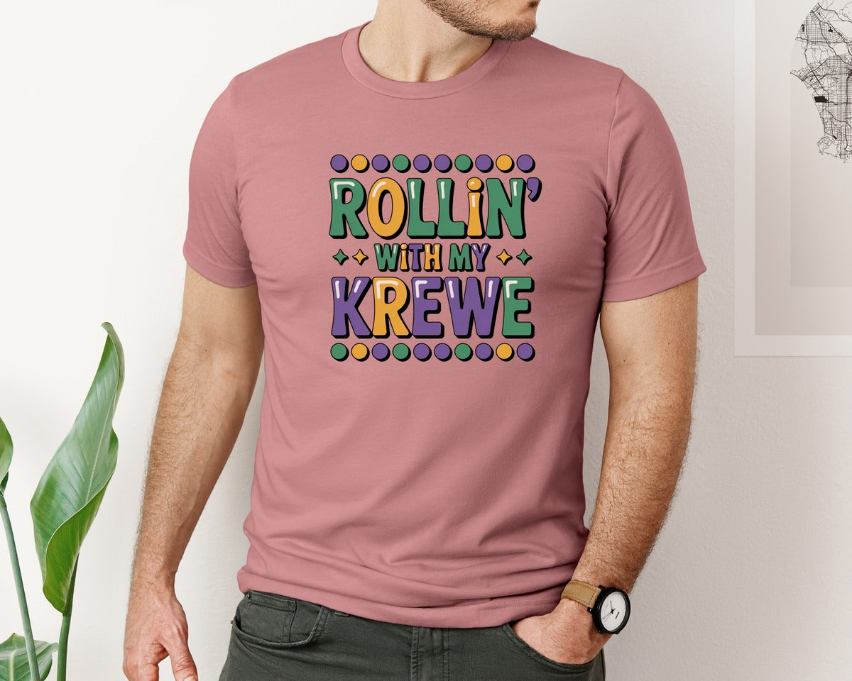 brand:Bella Canvas|color:Heather Mauve|Rollin With My Krewe Mardi Gras Graphic T-Shirt
