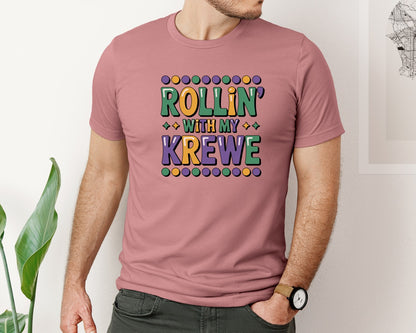 brand:Bella Canvas|color:Heather Mauve|Rollin With My Krewe Mardi Gras Graphic T-Shirt
