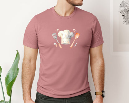 brand:Bella Canvas|color:Heather Mauve|Cute Chef Hat Utensils Watercolor Graphic T-Shirt