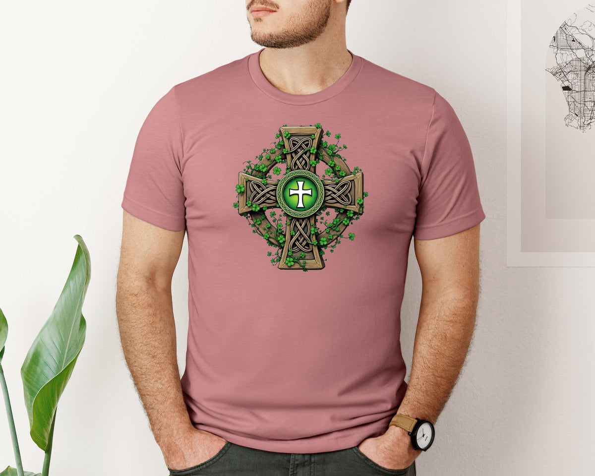 brand:Bella Canvas|color:Heather Mauve|Celtic Cross With Shamrocks Irish Graphic T-Shirt