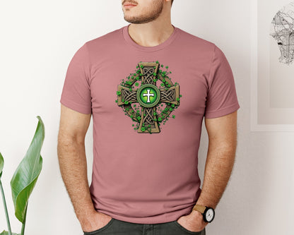 brand:Bella Canvas|color:Heather Mauve|Celtic Cross With Shamrocks Irish Graphic T-Shirt