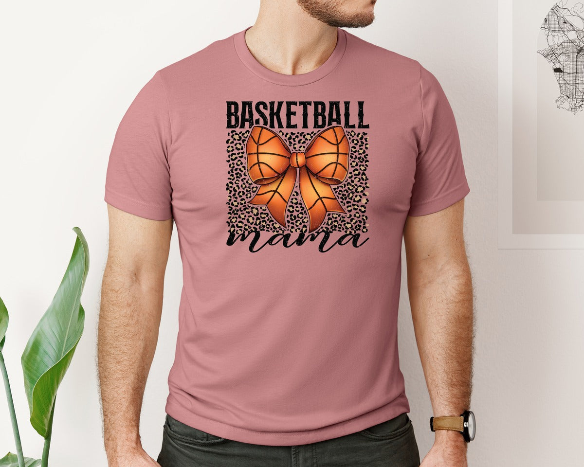 brand:Bella Canvas|color:Heather Mauve|Basketball Mama Coquette Bow Leopard Graphic T-Shirt