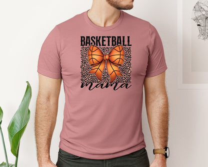 brand:Bella Canvas|color:Heather Mauve|Basketball Mama Coquette Bow Leopard Graphic T-Shirt