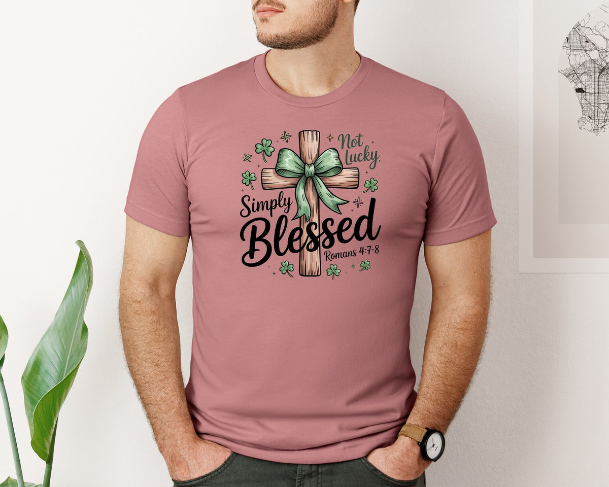 brand:Bella Canvas|color:Heather Mauve|Not Lucky Simply Blessed Roman 47 8 5 Graphic T-Shirt
