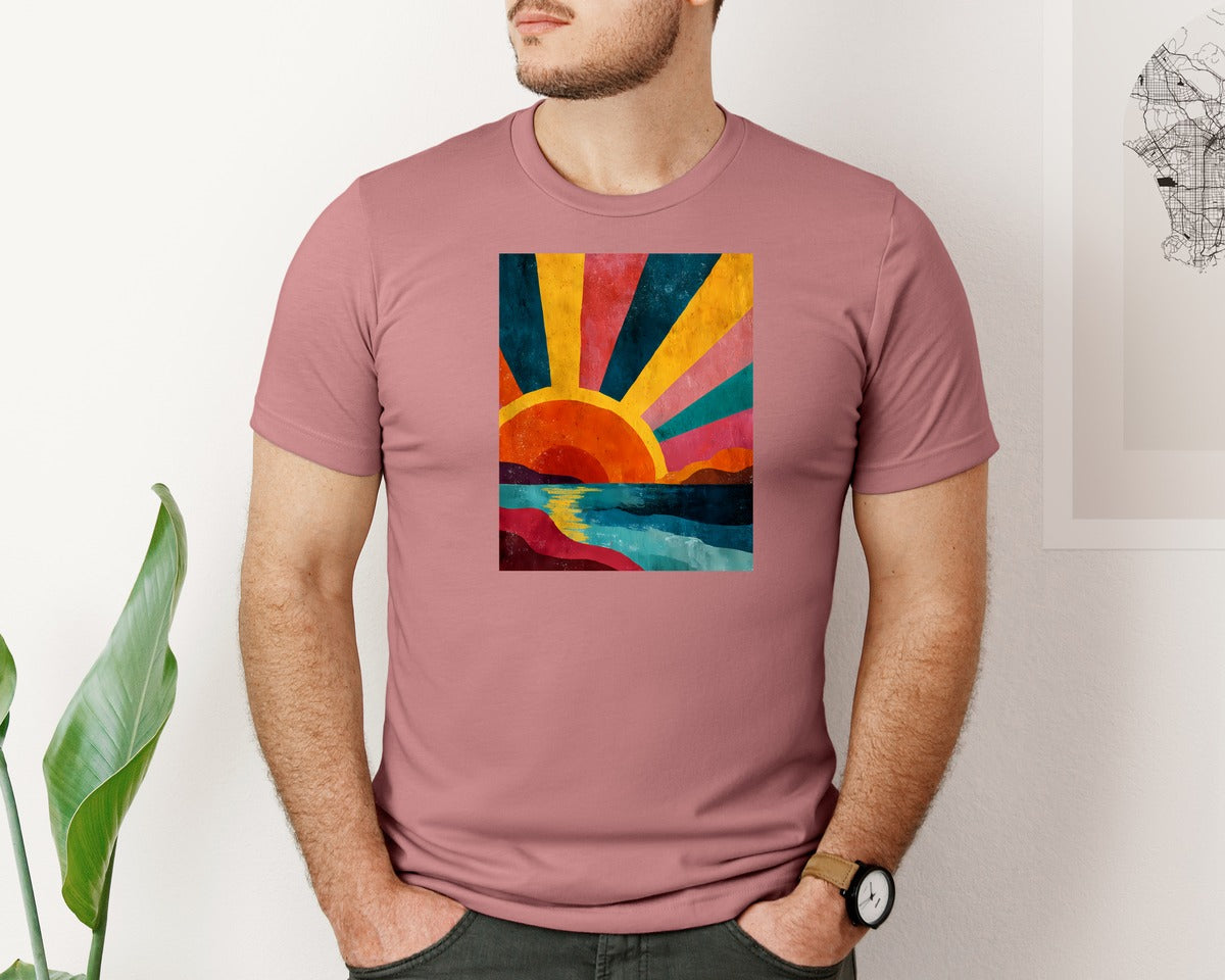brand:Bella Canvas|color:Heather Mauve|Retro Sunset Grunge Art Graphic T-Shirt