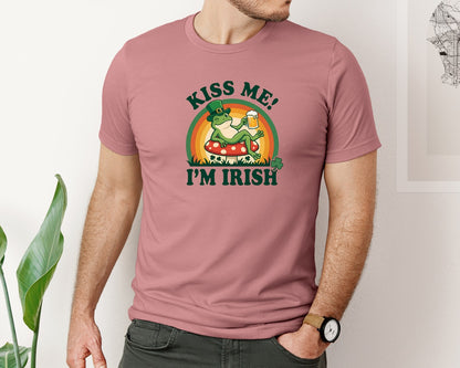 brand:Bella Canvas|color:Heather Mauve|Kiss Me Im Irish Frog Design Graphic T-Shirt