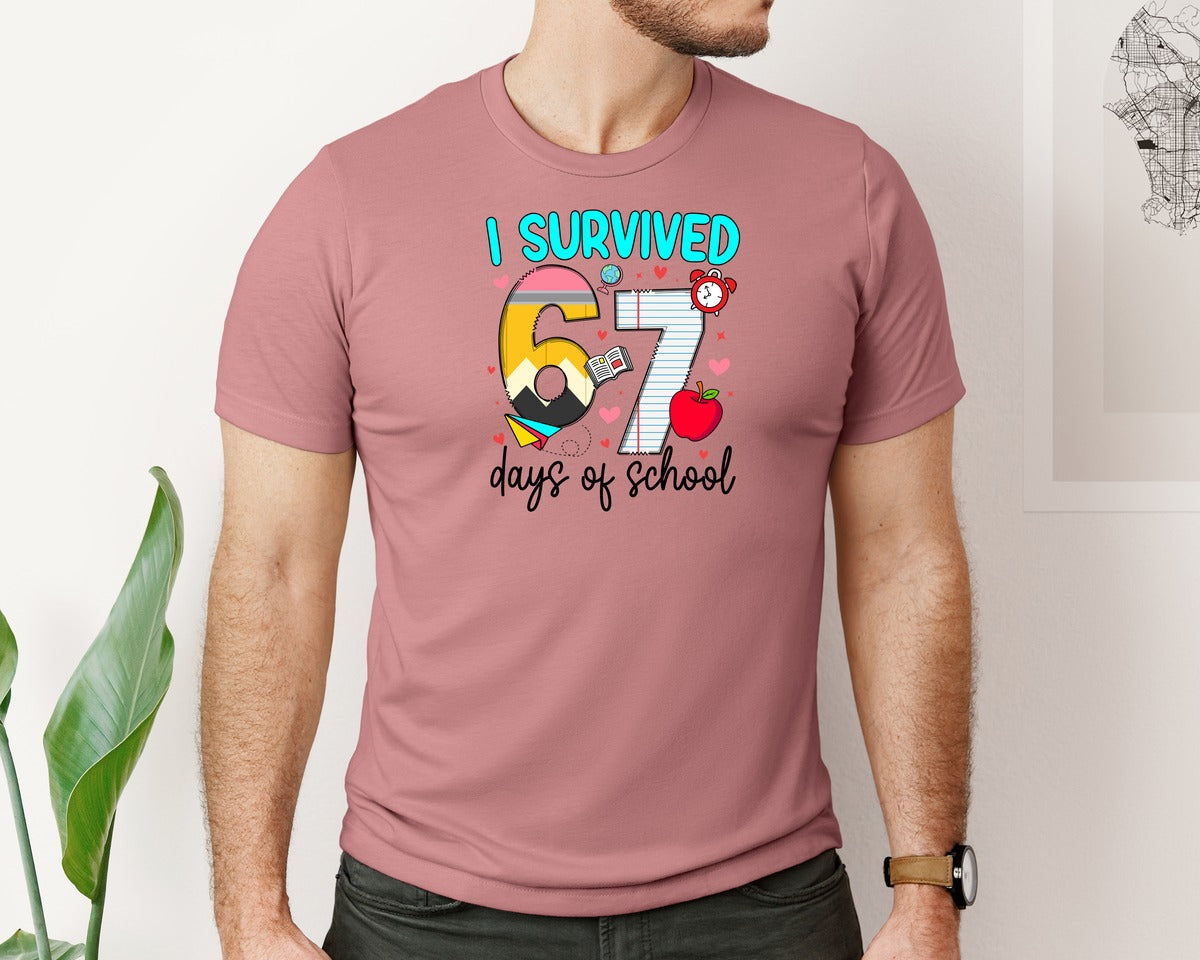 brand:Bella Canvas|color:Heather Mauve|I Survived 67 Days Of School Colorful Graphic T-Shirt