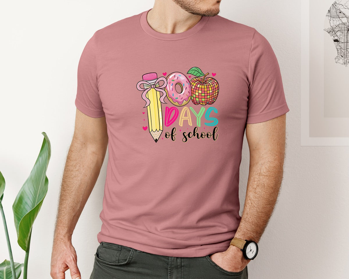 brand:Bella Canvas|color:Heather Mauve|100 Days Of School Pencil Coquette 5 Graphic T-Shirt