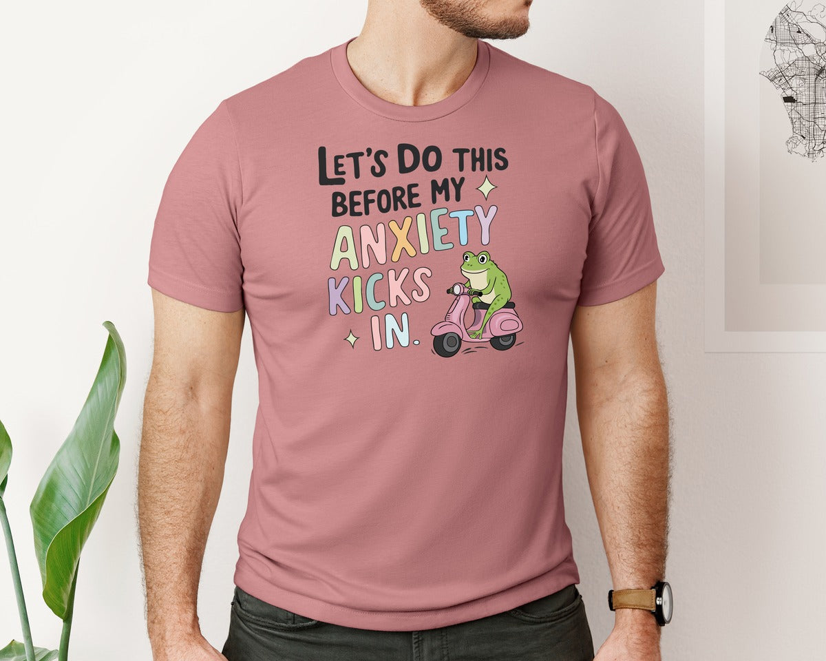 brand:Bella Canvas|color:Heather Mauve|Anxiety Scooter Frog Cute Pastel Graphic T-Shirt