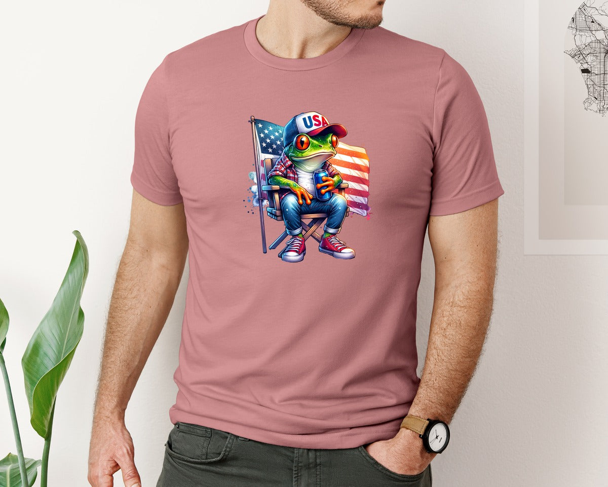 brand:Bella Canvas|color:Heather Mauve|Frog American Flag 4Th Of July Graphic T-Shirt