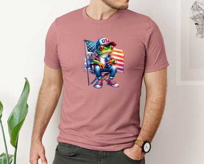 brand:Bella Canvas|color:Heather Mauve|Frog American Flag 4Th Of July Graphic T-Shirt