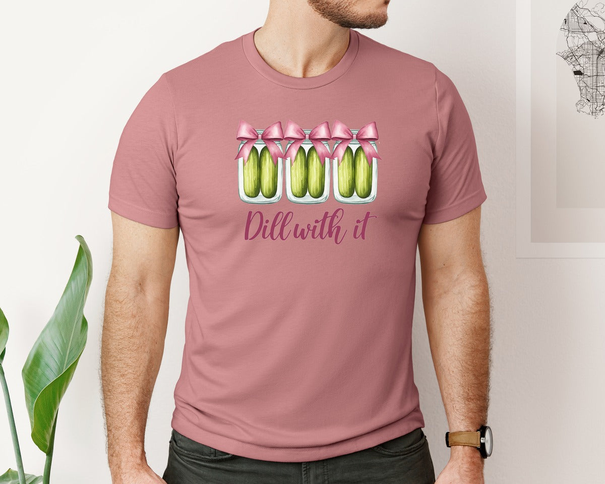 brand:Bella Canvas|color:Heather Mauve|Coquette Dill With It Funny Pickle Graphic T-Shirt