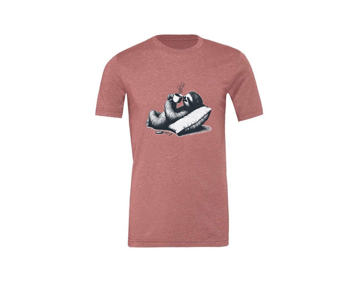 brand:Generic|color:Heather Mauve|Sloth Lying And Drink Coffee Shirt Graphic T-Shirt