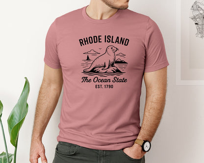 brand:Bella Canvas|color:Heather Mauve|Rhode Island The Ocean State Graphic T-Shirt