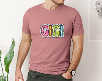 brand:Bella Canvas|color:Heather Mauve|Gigi Dalmatian Dots Bright Doodle Graphic T-Shirt