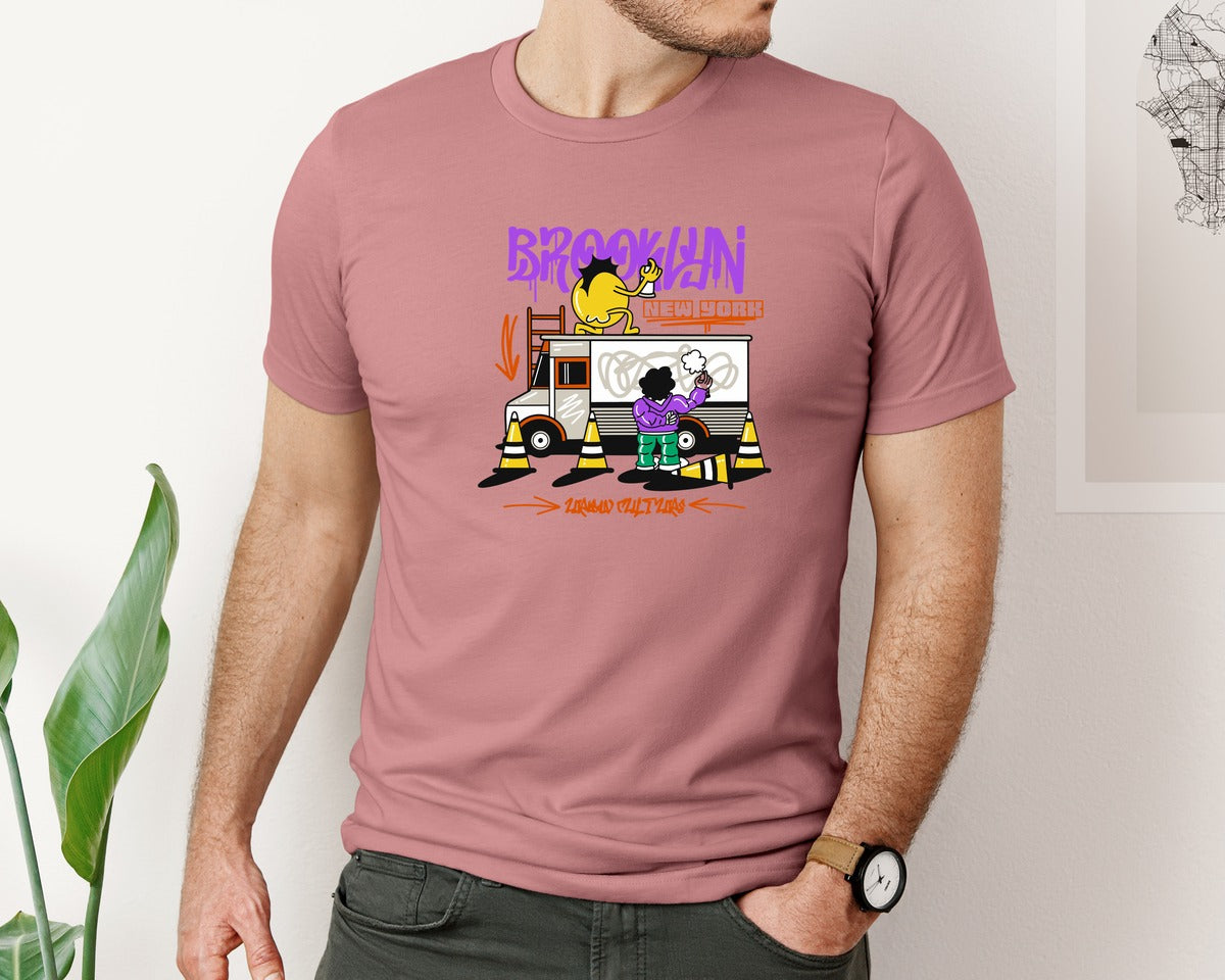 brand:Bella Canvas|color:Heather Mauve|Brooklyn New York Graffiti Design Graphic T-Shirt