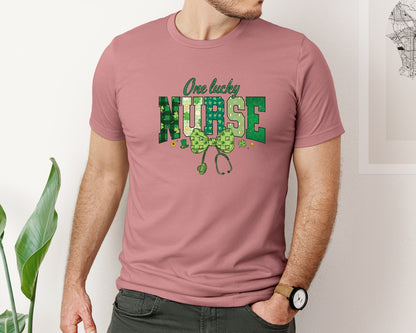 brand:Bella Canvas|color:Heather Mauve|Nurse St Patricks One Lucky Nurse Graphic T-Shirt