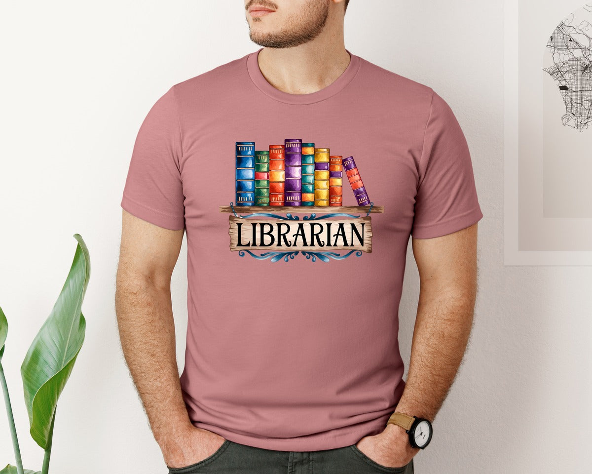 brand:Bella Canvas|color:Heather Mauve|Librarian Vintage Bookshelf 2 Graphic T-Shirt