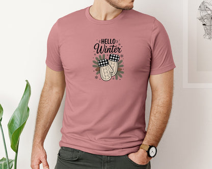 brand:Bella Canvas|color:Heather Mauve|Hello Winter Mittens Buffalo Plaid Graphic T-Shirt