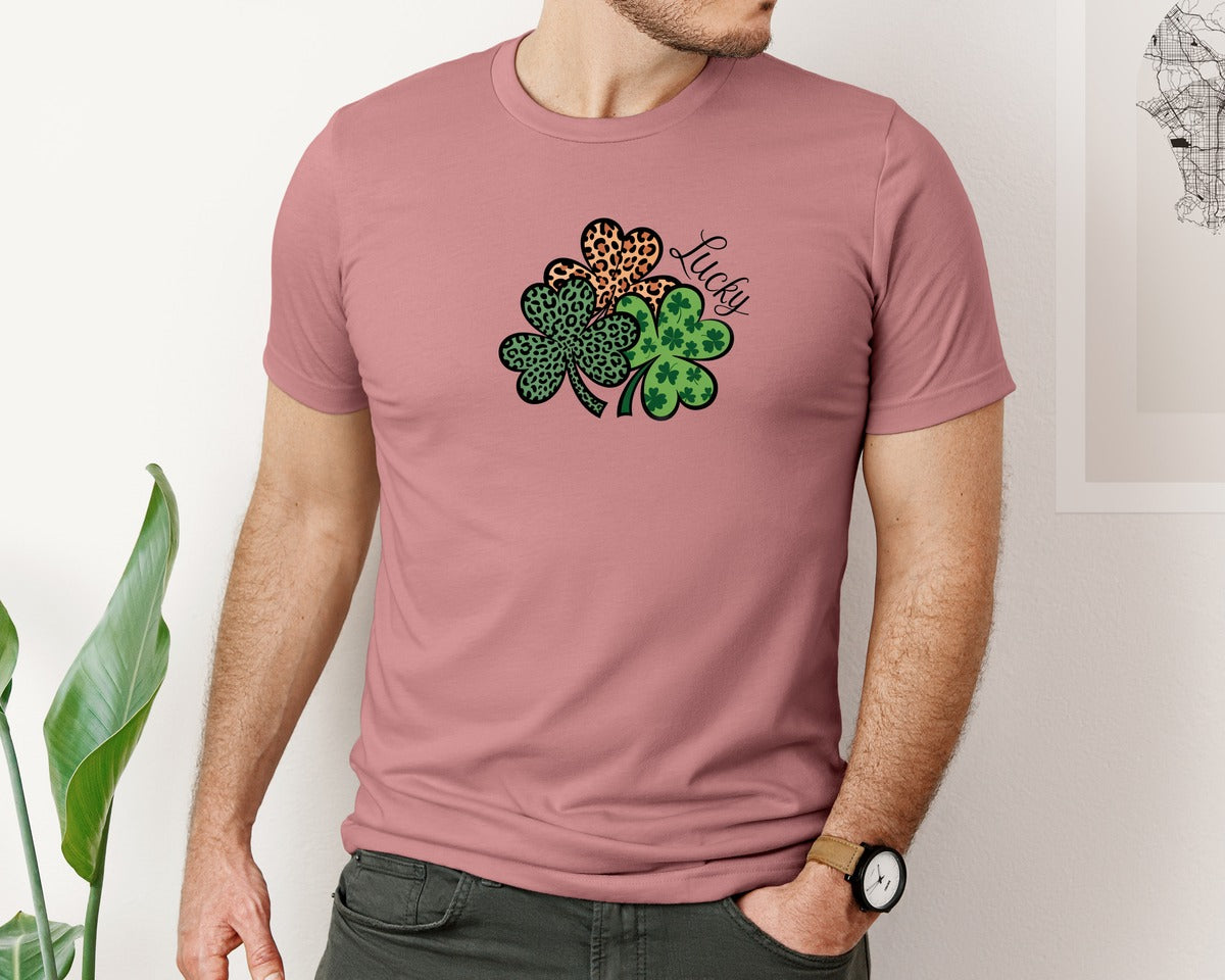 brand:Bella Canvas|color:Heather Mauve|Leopard Lucky Shamrocks St Patrick Graphic T-Shirt