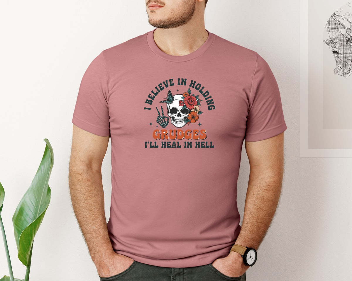 brand:Bella Canvas|color:Heather Mauve|Hold Grudges Skull Floral Quote Graphic T-Shirt