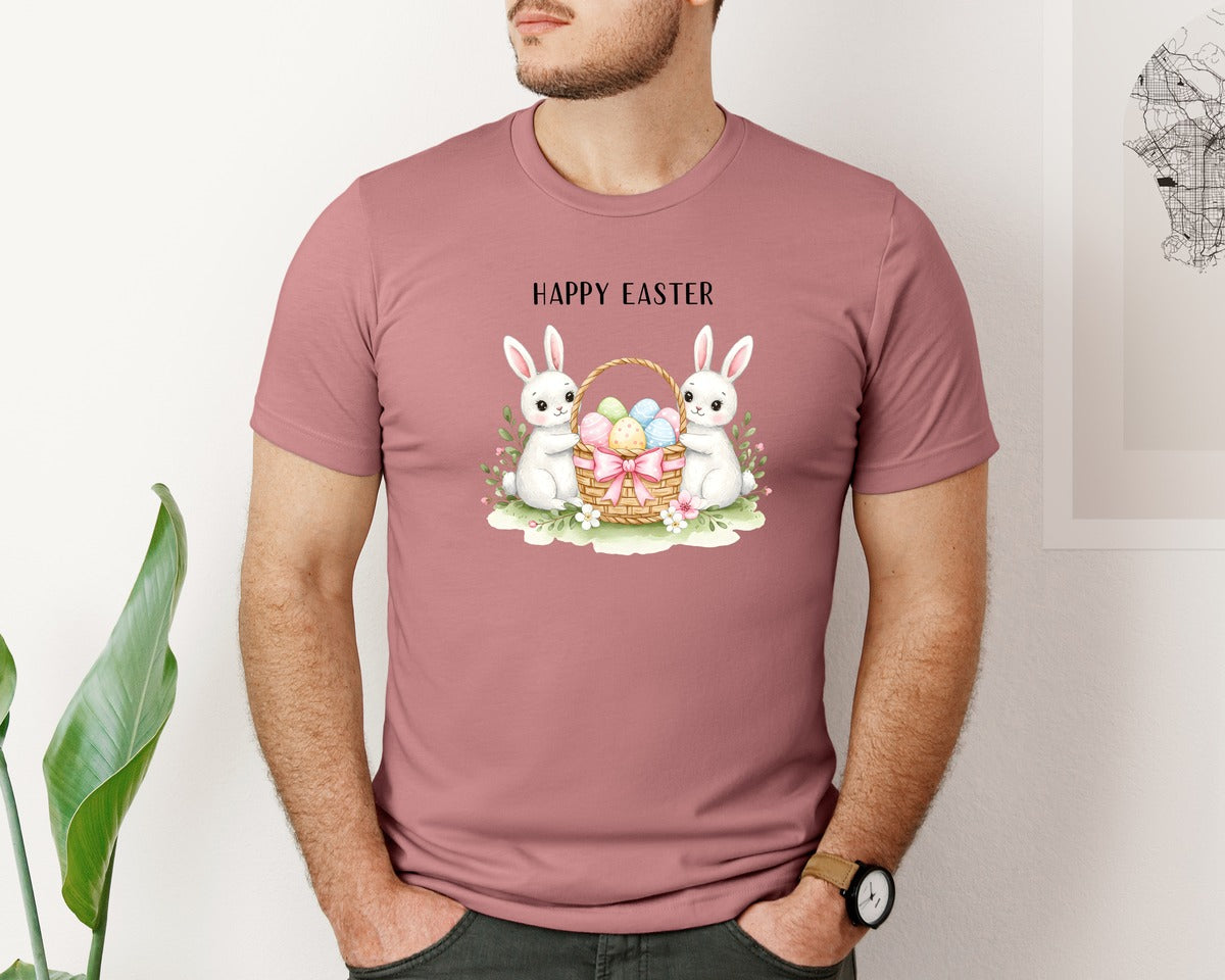 brand:Bella Canvas|color:Heather Mauve|Happy Easter Bunnies With Basket Cu Graphic T-Shirt