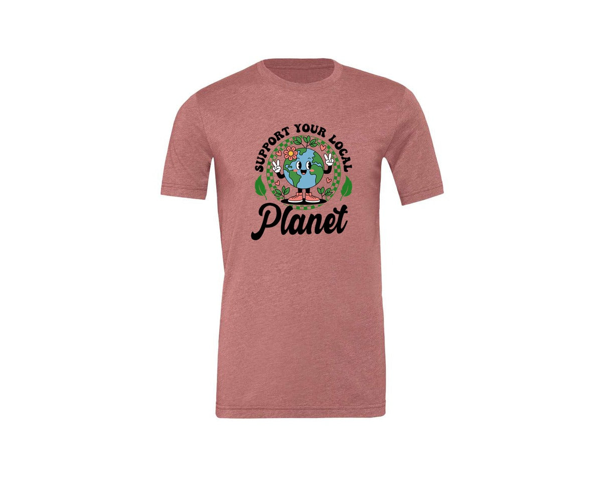 brand:Generic|color:Heather Mauve|Earth Day Support Your Local Planet 2 Graphic T-Shirt