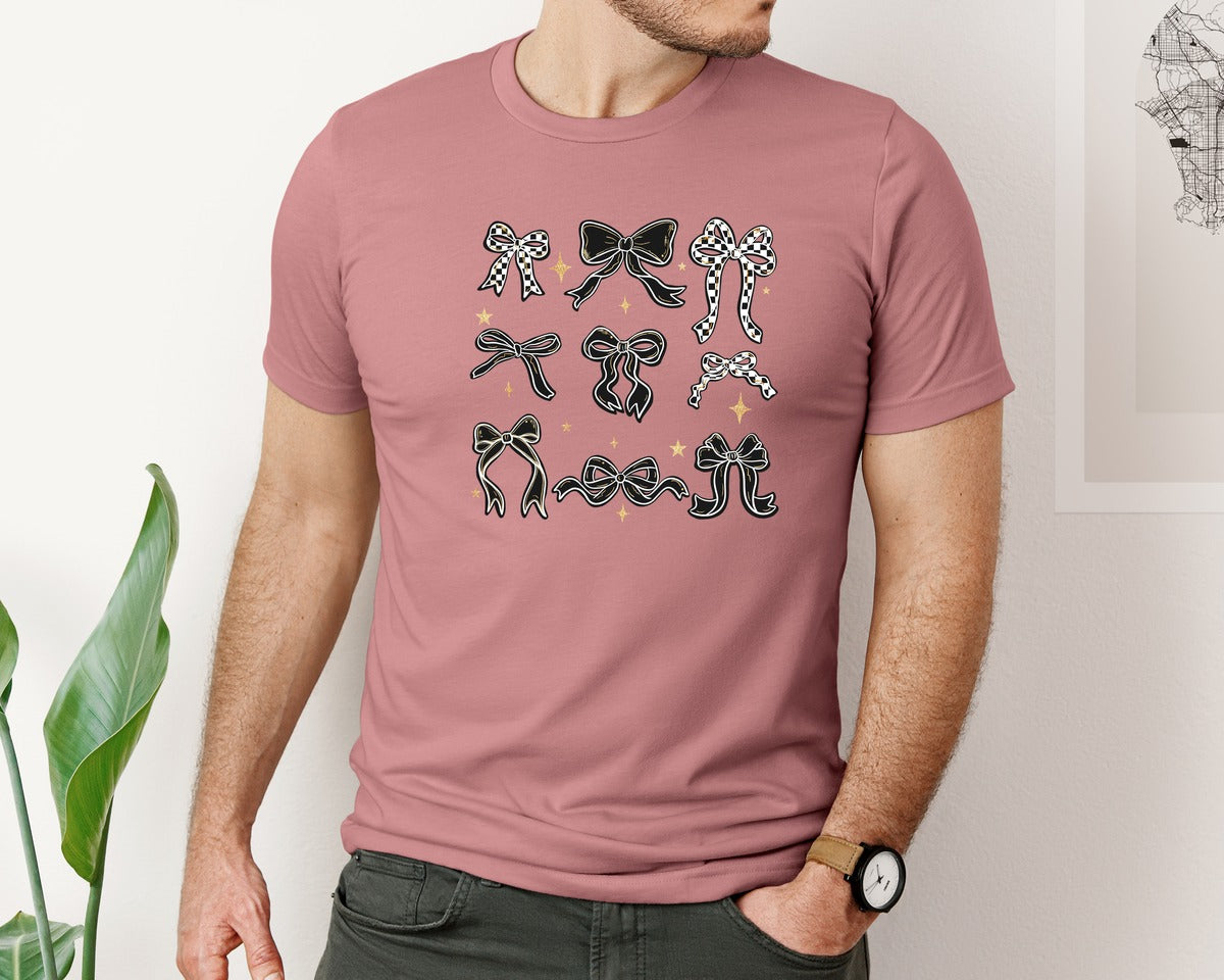 brand:Bella Canvas|color:Heather Mauve|Checkered Coquette Bow Black And White Graphic T-Shirt