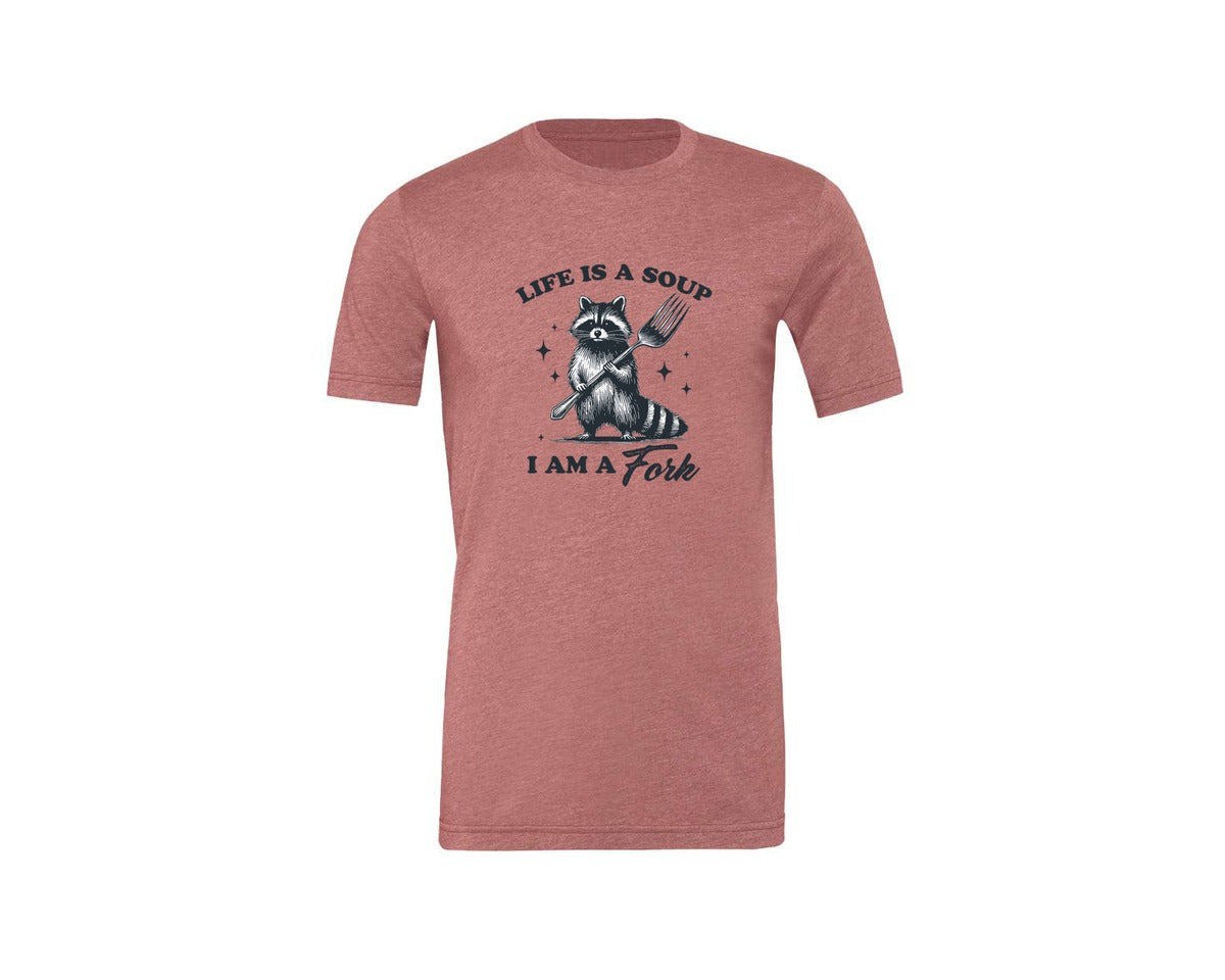 brand:Generic|color:Heather Mauve|Life Is A Soup I Am A Fork Raccoon Shirt Graphic T-Shirt