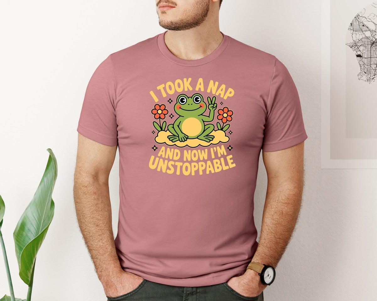 brand:Bella Canvas|color:Heather Mauve|I Took A Nap Unstoppable Frog Ment Graphic T-Shirt