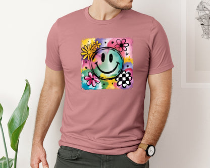 brand:Bella Canvas|color:Heather Mauve|Retro Smiley Face Smiley Floral 3 Graphic T-Shirt