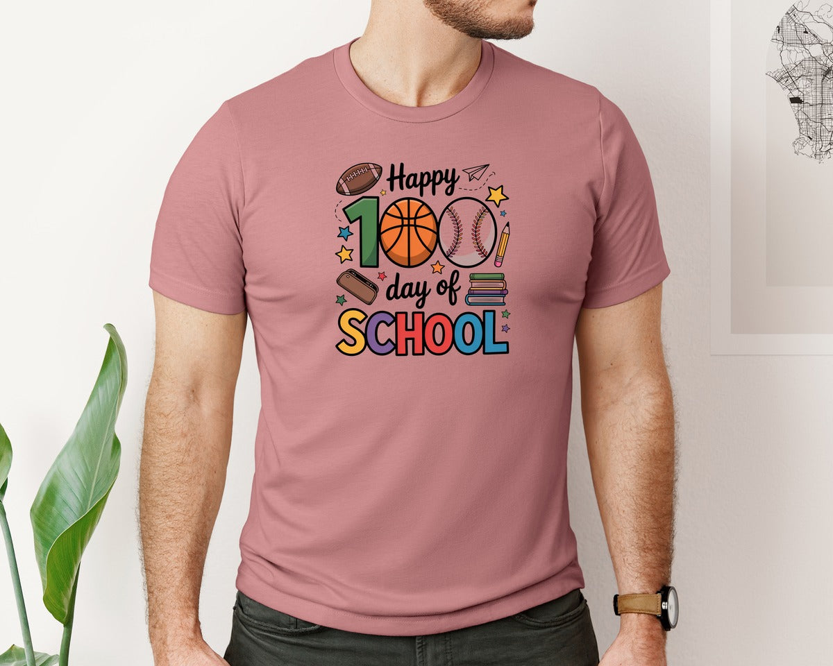 brand:Bella Canvas|color:Heather Mauve|Happy 100 Days Of School Baseball Graphic T-Shirt