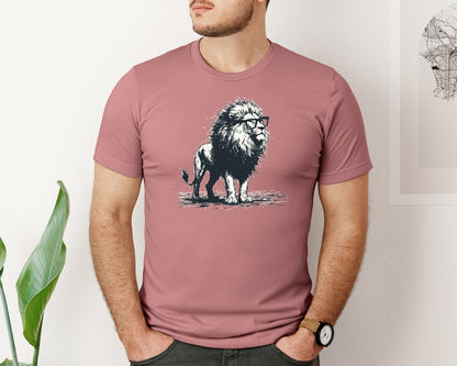 brand:Bella Canvas|color:Heather Mauve|Lion Wearing Nerd Glasses Shirt Graphic T-Shirt