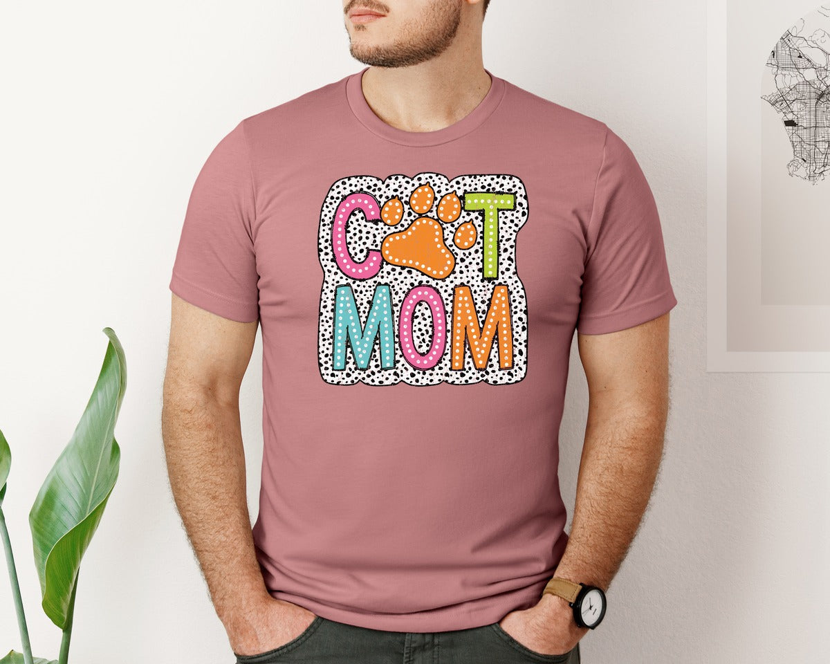 brand:Bella Canvas|color:Heather Mauve|Cat Mom Mama Dalmatian Dots Doodle Graphic T-Shirt