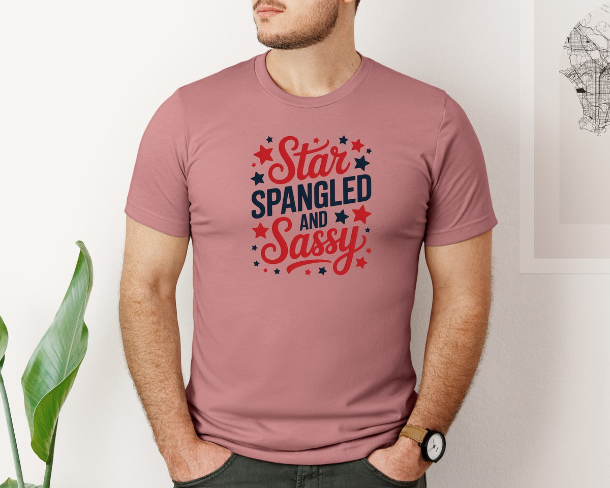 brand:Bella Canvas|color:Heather Mauve|Star Spangled And Sassy 4Th Of July Graphic T-Shirt