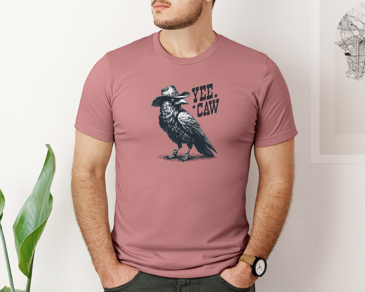 brand:Bella Canvas|color:Heather Mauve|Crow Cowboy Hat Yee Caw Shirt Graphic T-Shirt