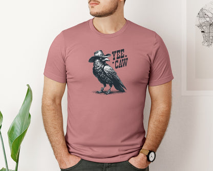 brand:Bella Canvas|color:Heather Mauve|Crow Cowboy Hat Yee Caw Shirt Graphic T-Shirt