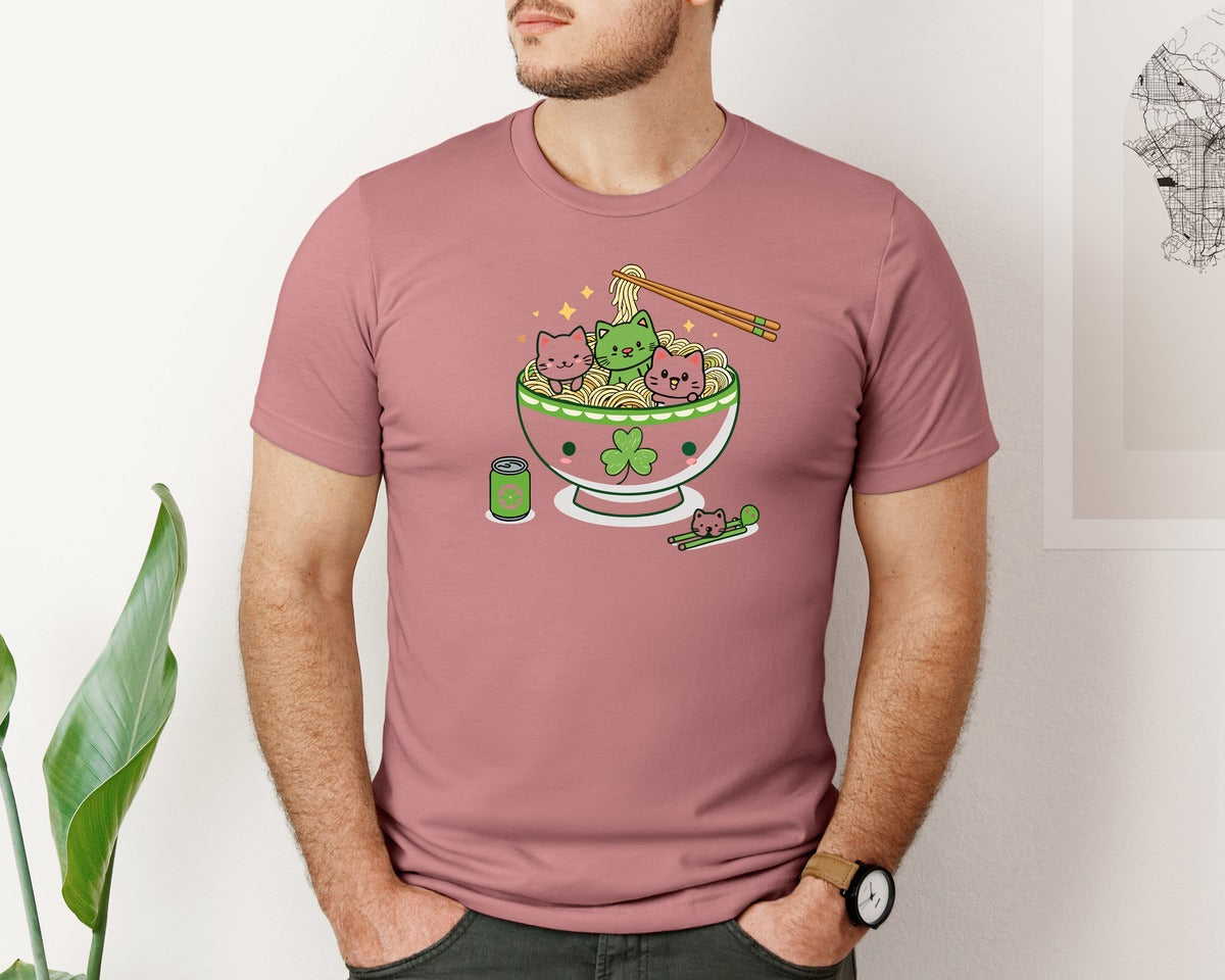 brand:Bella Canvas|color:Heather Mauve|Lucky Ramen Cat St Patricks Day Graphic T-Shirt