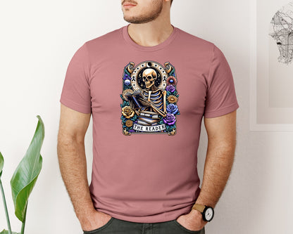 brand:Bella Canvas|color:Heather Mauve|Funny Tarot Card Skeleton Book Lover Graphic T-Shirt