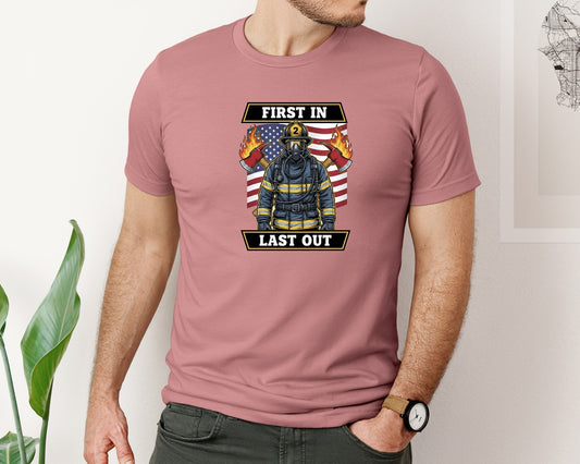First In Last Out Usa Flag Firefighter Graphic T-Shirt