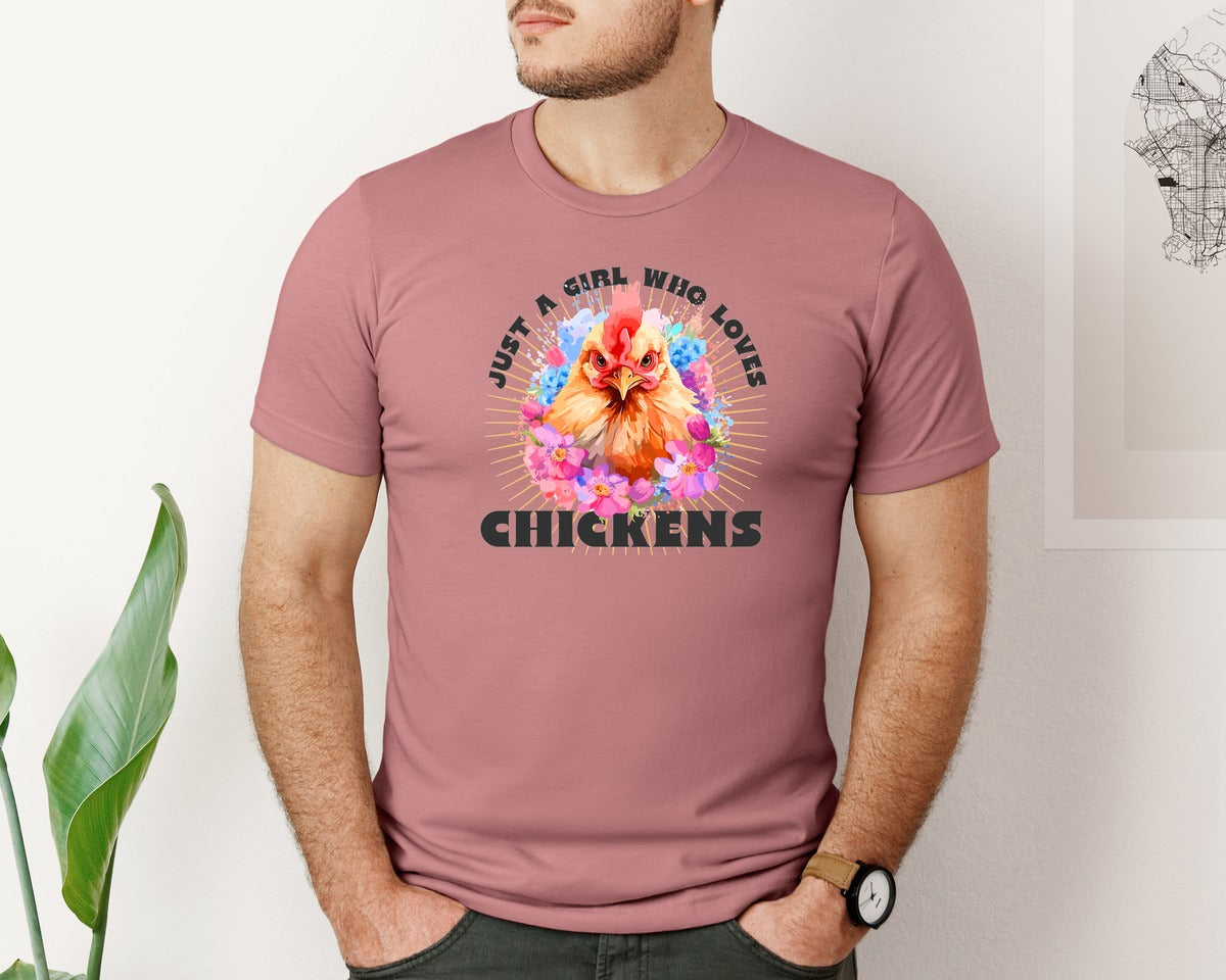 brand:Bella Canvas|color:Heather Mauve|Just A Girl Who Loves Chickens Farm Graphic T-Shirt