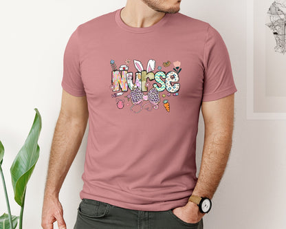 brand:Bella Canvas|color:Heather Mauve|Nurse Easter Bunny Stethoscope Bow Graphic T-Shirt