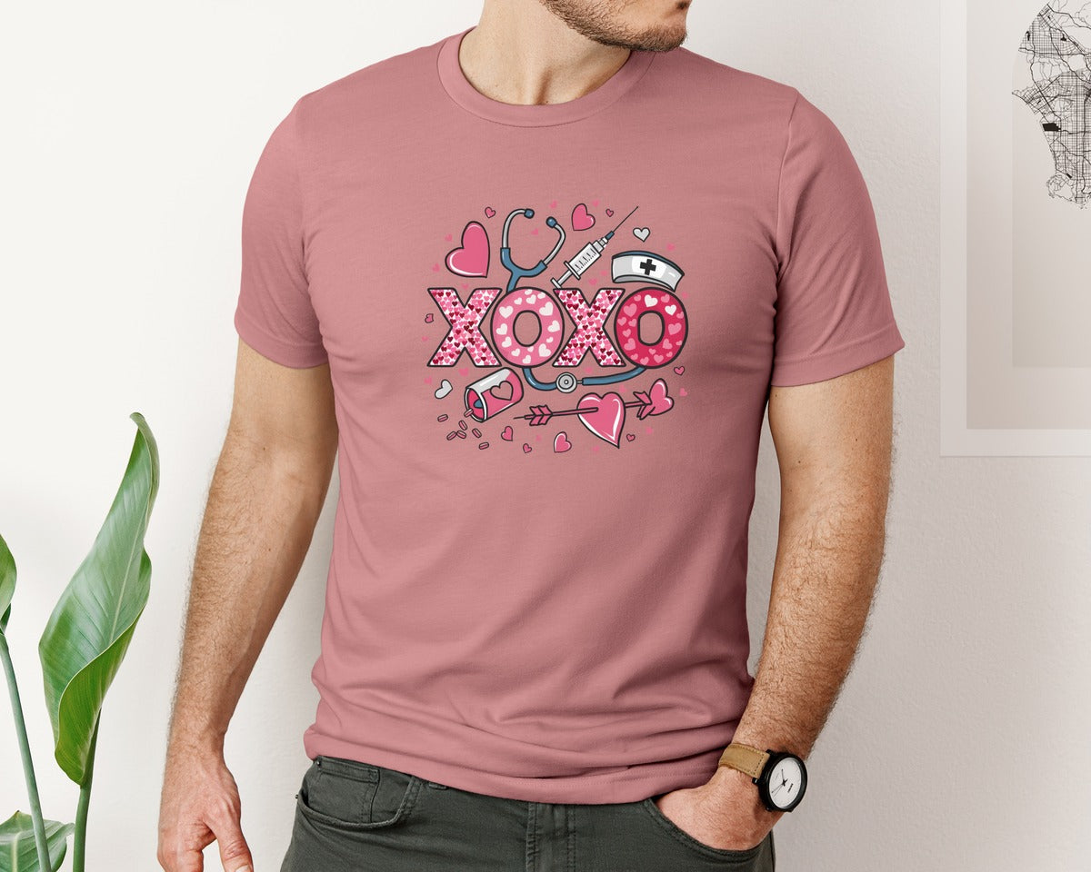 brand:Bella Canvas|color:Heather Mauve|Nurse Xoxo Valentine Nurse Sub Graphic T-Shirt