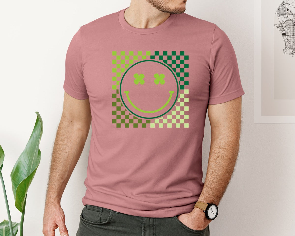 brand:Bella Canvas|color:Heather Mauve|St Patricks Clover Smiley Saint Graphic T-Shirt